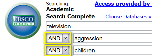 Example of simple Boolean search in the EBSCO database interface.